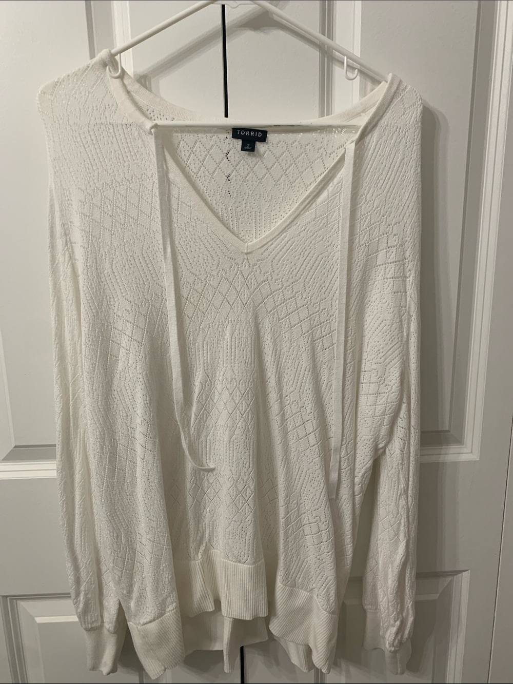 torrid Cream Pointelle V-Neck Hooded Knit Sweater